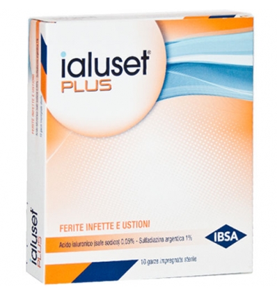 GARZA IALUSET PLUS IMPREGNATA DI CREMA DI ACIDO IALURONICO 0,05%, DI SULFADIAZINA ARGENTICA 1%, MACROGOL, GLICEROLO E ACQUA 10 X 10 CM 10 PEZZI - Farmacianumberone.it