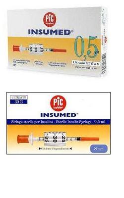 SIRINGA PER INSULINA PIC INSUMED 0,5 ML 100 UI AGO GAUGE 29 LUNGHEZZA 12,7 MM SENZA SPAZIO MORTO 3 SACCHETTI DA 10 PEZZI - Farmacianumberone.it
