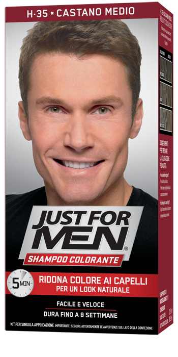 JUST FOR MEN SHAMPOO COLORANTE H35 CASTANO MEDIO ATTIVATORE CHIARO 38,5 ML + BASE COLORE 27,5 ML - Farmacianumberone.it