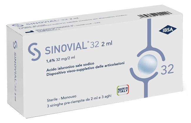 SIRINGA INTRA-ARTICOLARE SINOVIAL 32 ACIDO IALURONICO SALE SODICO 1,6% 32MG/2ML 3 SIRINGHE X 2ML + 3 AGHI - Farmacianumberone.it