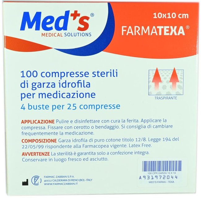 GARZA COMPRESSA IDROFILA MEDS FARMATEXA 2/8 10X10CM 100 PEZZI - Farmacianumberone.it