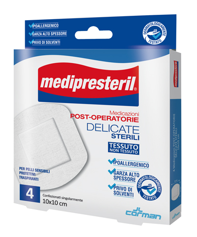 CEROTTO DI MEDICAZIONE STERILE CON SUPPORTO IN TNT MEDIPRESTERIL POSTOPERATORIO DELICATO 10X10 CM 4 PEZZI - Farmacianumberone.it