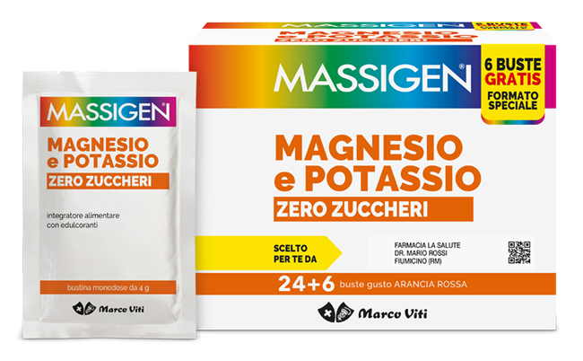MASSIGEN MAGNESIO POTASSIO ZERO ZUCCHERO 24 BUSTINE + 6 BUSTINE - Farmacianumberone.it