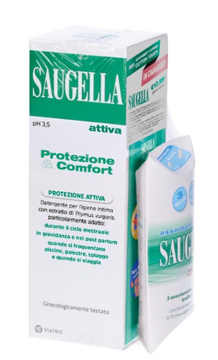 SAUGELLA PROTEZIONE&COMFORT BUNDLE 1 ATTIVA 250 ML + 3 ASSORBENTI INTERNI REGULAR IN OMAGGIO + GADGET STICKERS MOTIVAZIONALI - Farmacianumberone.it