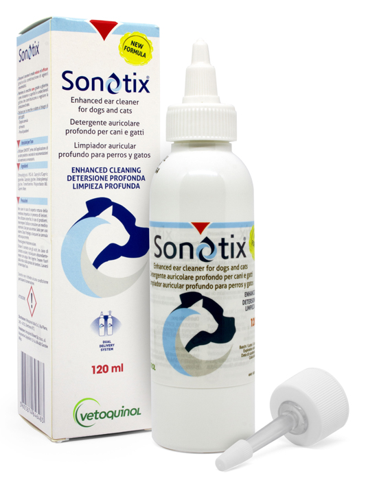 SONOTIX DETERGENTE AURICOLARE PROFONDO CANI E GATTI 120 ML + CANNULA CORTA RIGIDA + CANNULA LUNGA FLESSIBILE - Farmacianumberone.it
