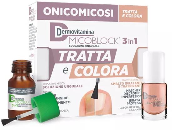 DERMOVITAMINA MICOBLOCK 3 IN 1 TRATTA E COLORA SOLUZIONE UNGUEALE 7 ML + SMALTO IDRATANTE TRASPIRANTE 5 ML - Farmacianumberone.it