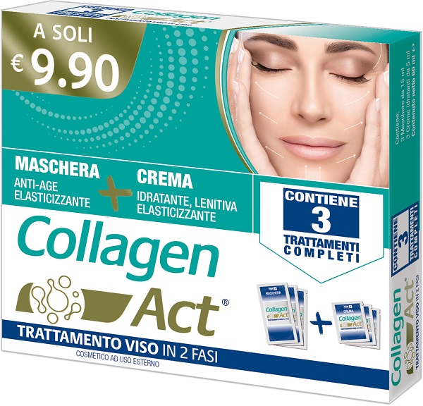 COLLAGEN ACT TRATTAMENTO VISO 2 FASI MASCHERA ANTI AGE ELASTICIZZANTE 3 PEZZI DA 15 ML + CREMA IDRATANTE LENITIVA ELASTICIZZANTE 3 PEZZI DA 5 ML - Farmacianumberone.it