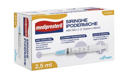 SIRINGA IPODERMICA MEDIPRESTERIL AGO 23 GAUGE 1 1/4 0,6X30MM 2,5 ML 10 PEZZI - Farmacianumberone.it