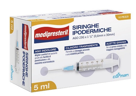 SIRINGA IPODERMICA MEDIPRESTERIL AGO 23 GAUGE 1 1/4 0,5X30MM 5 ML 10 PEZZI - Farmacianumberone.it