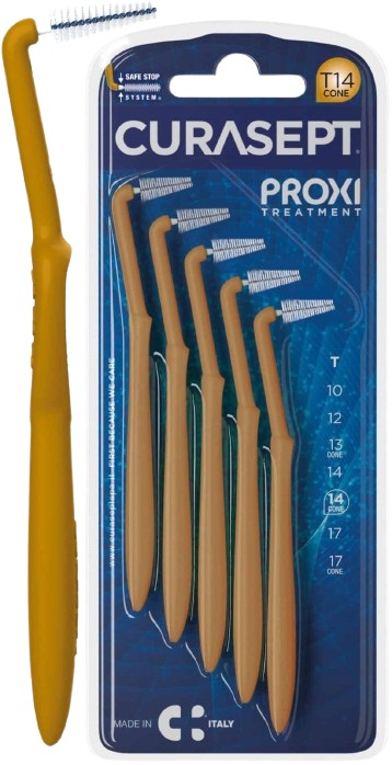 SCOVOLINO CURASEPT PROXI ANGLE MISURA T14 CONICO ISO 4 COLORE OCRA DIAMETRO 1,4 MM 5 PEZZI - Farmacianumberone.it