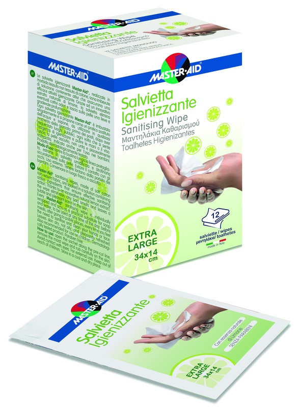 MASTER-AID SAVIETTA IMPREGNATA DI SOLUZIONE IGIENIZZANTE XL 12 PEZZI - Farmacianumberone.it