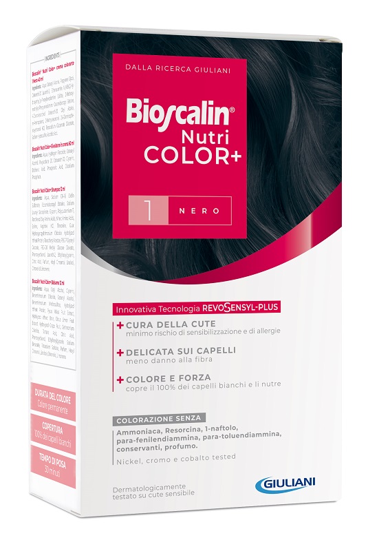 BIOSCALIN NUTRICOLOR PLUS 1 NERO CREMA COLORANTE 40 ML + RIVELATORE CREMA 60 ML + SHAMPOO 12 ML + TRATTAMENTO FINALE BALSAMO 12 ML - Farmacianumberone.it