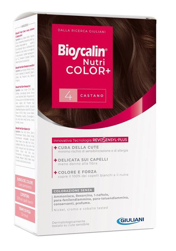 BIOSCALIN NUTRICOLOR PLUS 4 CASTANO CREMA COLORANTE 40 ML + RIVELATORE CREMA 60 ML + SHAMPOO 12 ML + TRATTAMENTO FINALE BALSAMO 12 ML - Farmacianumberone.it