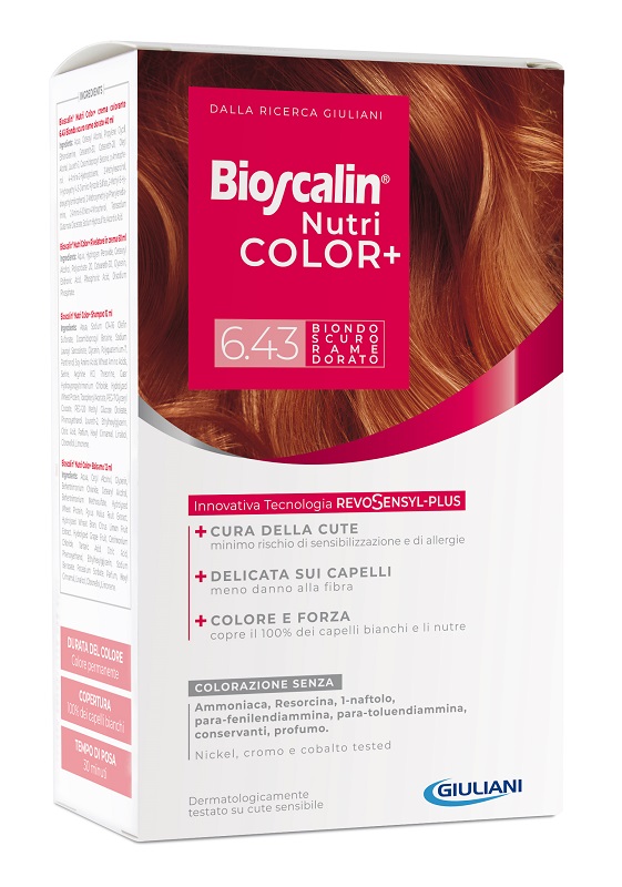 BIOSCALIN NUTRICOLOR PLUS 6,43 BIONDO SCURO RAME DORATO CREMA COLORANTE 40 ML + RIVELATORE CREMA 60 ML + SHAMPOO 12 ML + TRATTAMENTO FINALE BALSAMO 12 ML - Farmacianumberone.it