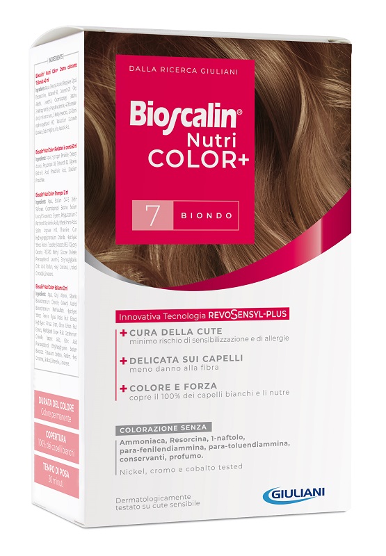 BIOSCALIN NUTRICOLOR PLUS 7 BIONDO CREMA COLORANTE 40 ML + RIVELATORE CREMA 60 ML + SHAMPOO 12 ML + TRATTAMENTO FINALE BALSAMO 12 ML - Farmacianumberone.it