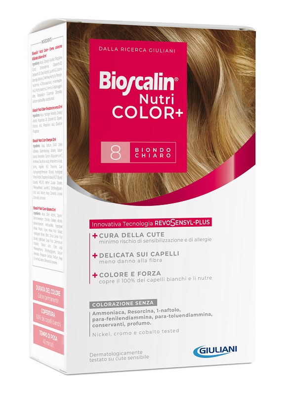 BIOSCALIN NUTRICOLOR PLUS 8 BIONDO CHIARO CREMA COLORANTE 40 ML + RIVELATORE CREMA 60 ML + SHAMPOO 12 ML + TRATTAMENTO FINALE BALSAMO 12 ML - Farmacianumberone.it