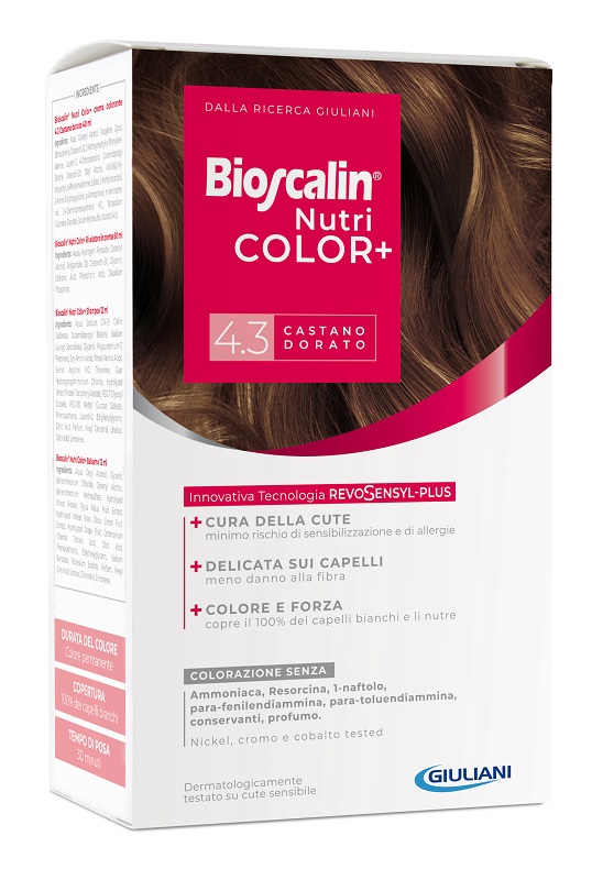 BIOSCALIN NUTRICOLOR PLUS 4,3 CASTANO DORATO CREMA COLORANTE 40 ML + RIVELATORE CREMA 60 ML + SHAMPOO 12 ML + TRATTAMENTO FINALE BALSAMO 12 ML - Farmacianumberone.it