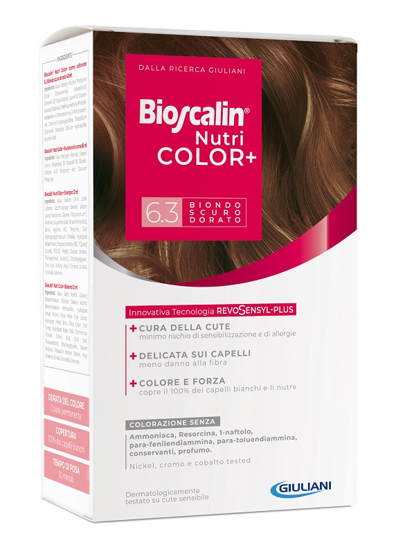BIOSCALIN NUTRICOLOR PLUS 6,3 BIONDO SCURO DORATO CREMA COLORANTE 40 ML + RIVELATORE CREMA 60 ML + SHAMPOO 12 ML + TRATTAMENTO FINALE BALSAMO 12 ML - Farmacianumberone.it