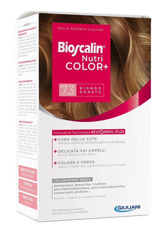 BIOSCALIN NUTRICOLOR PLUS 7,3 BIONDO DORATO CREMA COLORANTE 40 ML + RIVELATORE CREMA 60 ML + SHAMPOO 12 ML + TRATTAMENTO FINALE BALSAMO 12 ML - Farmacianumberone.it