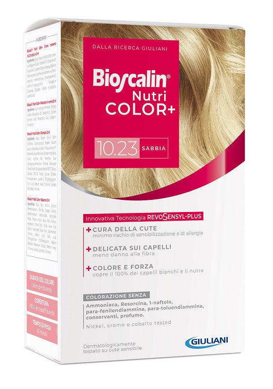 BIOSCALIN NUTRICOLOR PLUS 10,23 SABBIA CREMA COLORANTE 40 ML + RIVELATORE CREMA 60 ML + SHAMPOO 12 ML + TRATTAMENTO FINALE BALSAMO 12 ML - Farmacianumberone.it