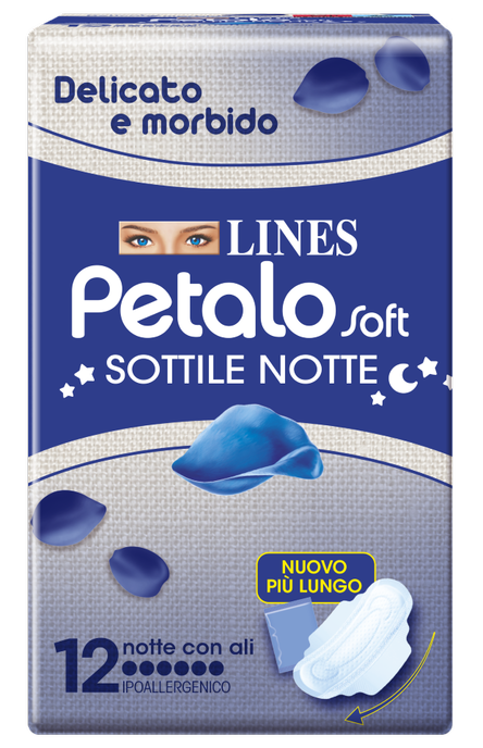 LINES PETALO SOFT SOTTILE NOTTE CON ALI IPOALLERGENICO 12 PEZZI - Farmacianumberone.it