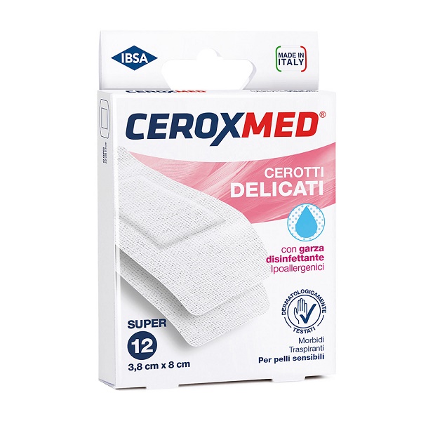 CEROTTI DELICATI CEROXMED CON GARZA DISINFETTANTE IPOALLERGENICI PER PELLI SENSIBILI SUPER 3,8X8CM 12 PEZZI - Farmacianumberone.it